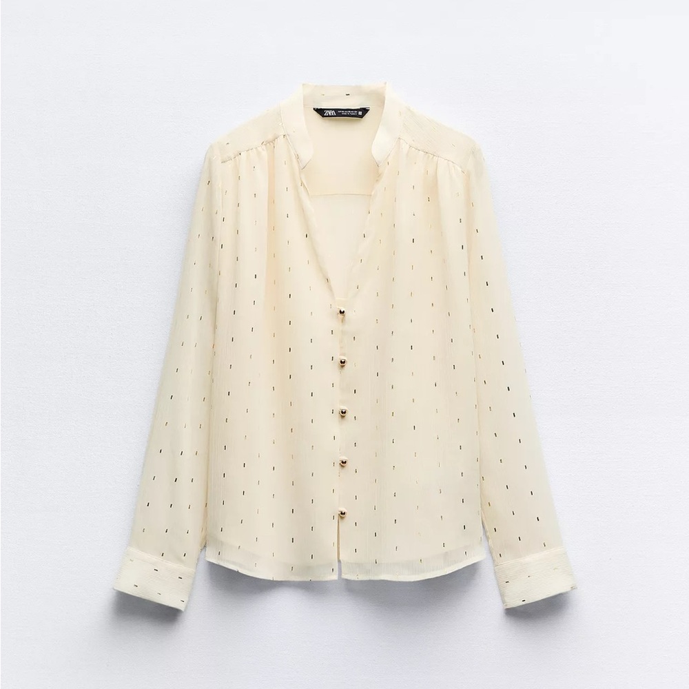 Zara Foil Dot Cream Button-Up Blouse